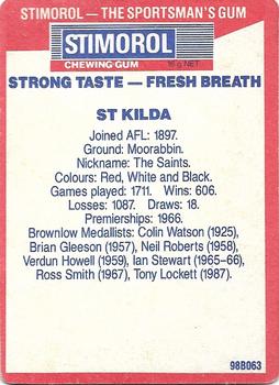 1990 AFL Scanlens Stimorol #133 St. Kilda Saints Back